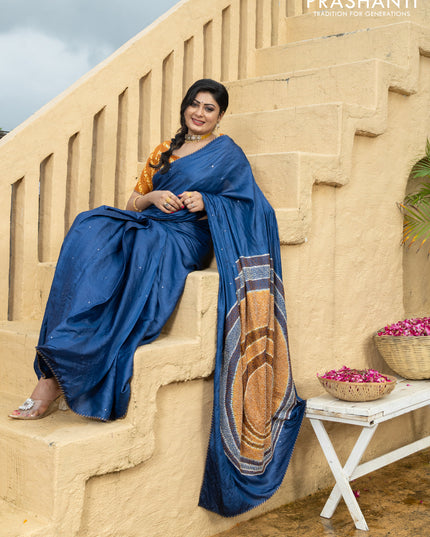 Tussar silk saree blue with centre placement style embroidery & mirror work and embroidery border