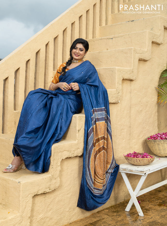 Tussar silk saree blue with centre placement style embroidery & mirror work and embroidery border