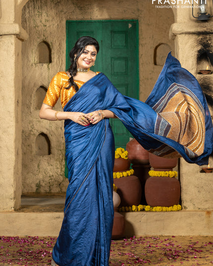 Tussar silk saree blue with centre placement style embroidery & mirror work and embroidery border