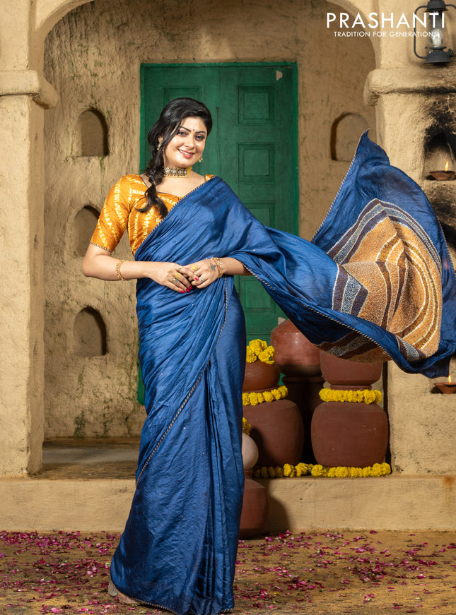 Tussar silk saree blue with centre placement style embroidery & mirror work and embroidery border