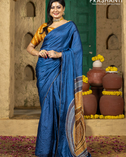 Tussar silk saree blue with centre placement style embroidery & mirror work and embroidery border