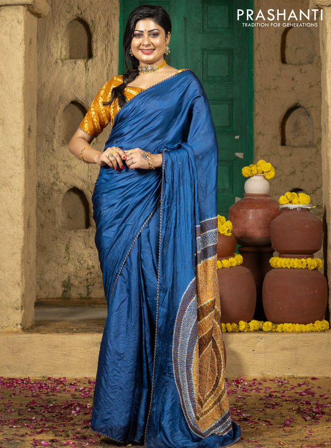 Tussar silk saree blue with centre placement style embroidery & mirror work and embroidery border