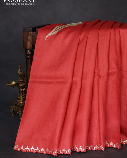 Tussar silk saree red with hand painted kalamkari prints & pita work and embroidery border