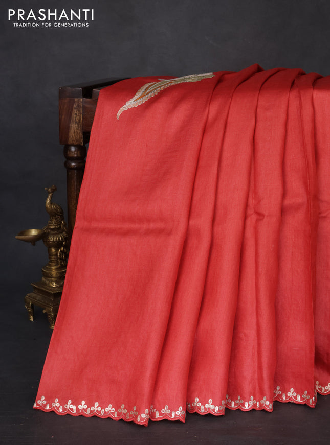 Tussar silk saree red with hand painted kalamkari prints & pita work and embroidery border