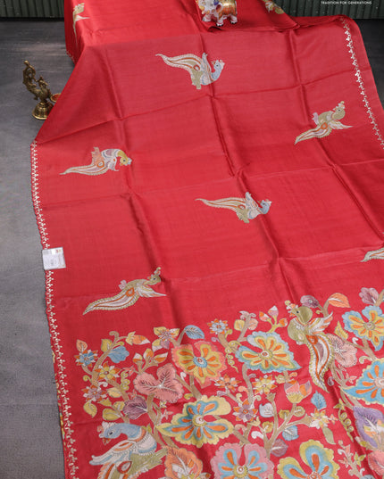 Tussar silk saree red with hand painted kalamkari prints & pita work and embroidery border