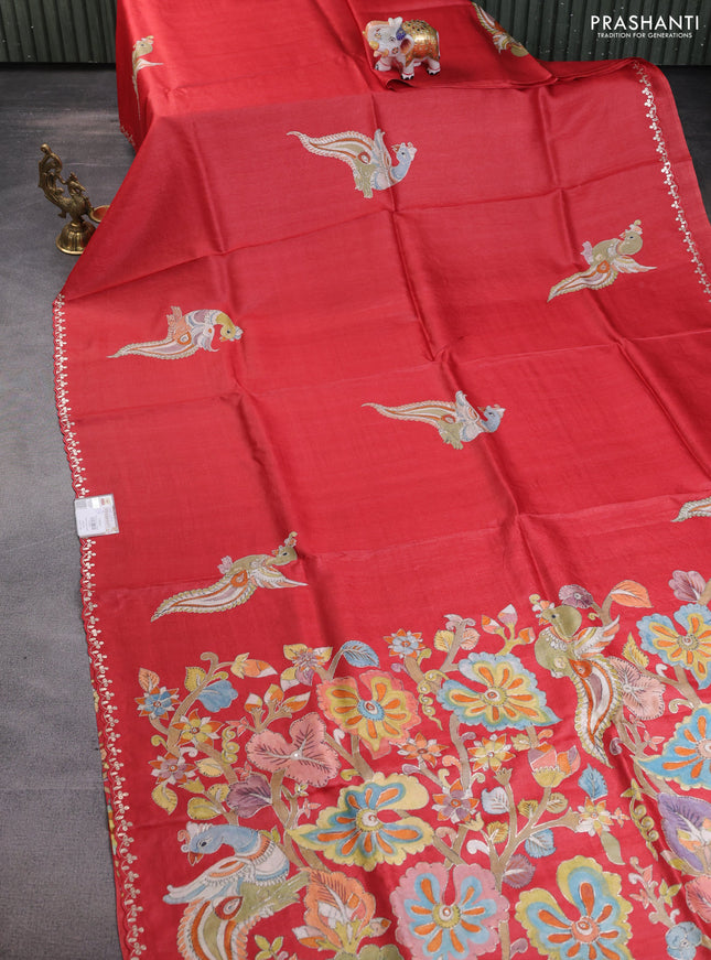 Tussar silk saree red with hand painted kalamkari prints & pita work and embroidery border