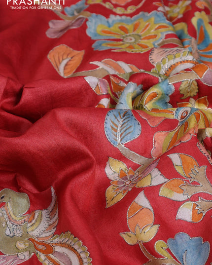 Tussar silk saree red with hand painted kalamkari prints & pita work and embroidery border