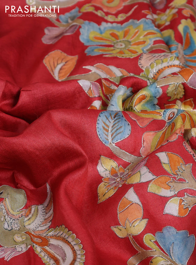 Tussar silk saree red with hand painted kalamkari prints & pita work and embroidery border