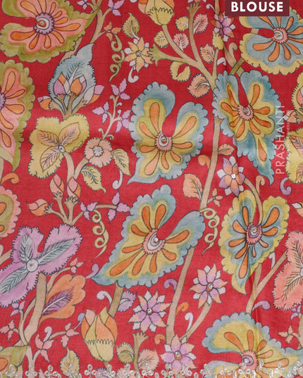 Tussar silk saree red with hand painted kalamkari prints & pita work and embroidery border