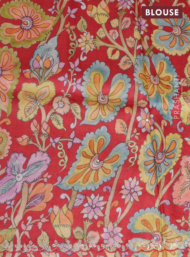 Tussar silk saree red with hand painted kalamkari prints & pita work and embroidery border