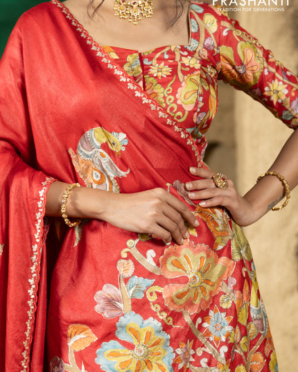 Tussar silk saree red with hand painted kalamkari prints & pita work and embroidery border