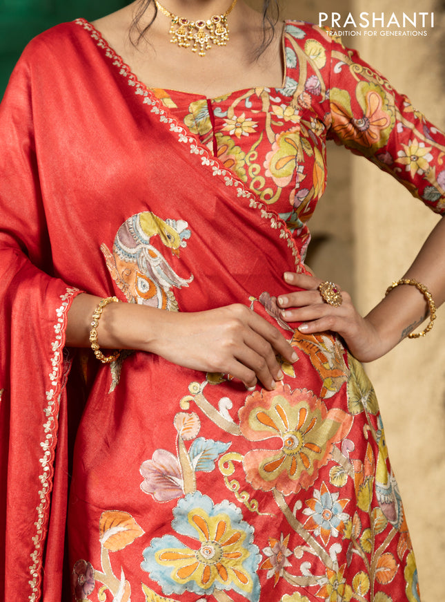 Tussar silk saree red with hand painted kalamkari prints & pita work and embroidery border