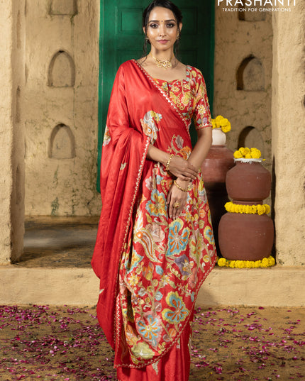 Tussar silk saree red with hand painted kalamkari prints & pita work and embroidery border