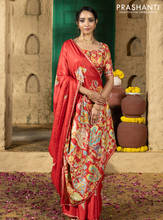 Tussar silk saree red with hand painted kalamkari prints & pita work and embroidery border