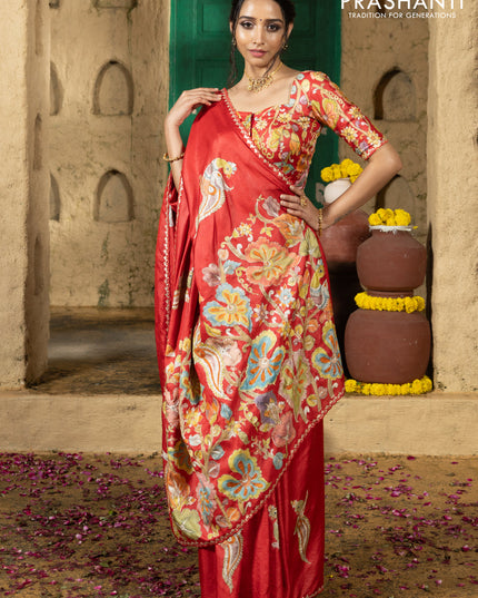 Tussar silk saree red with hand painted kalamkari prints & pita work and embroidery border