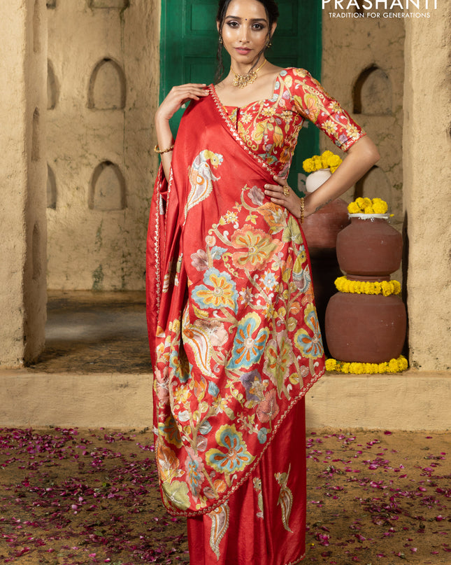 Tussar silk saree red with hand painted kalamkari prints & pita work and embroidery border