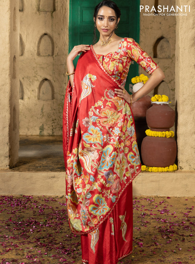 Tussar silk saree red with hand painted kalamkari prints & pita work and embroidery border
