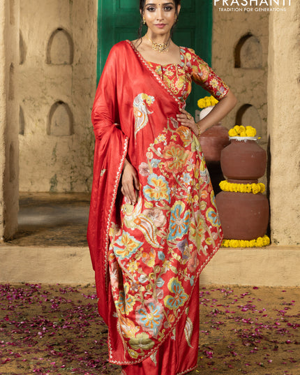 Tussar silk saree red with hand painted kalamkari prints & pita work and embroidery border
