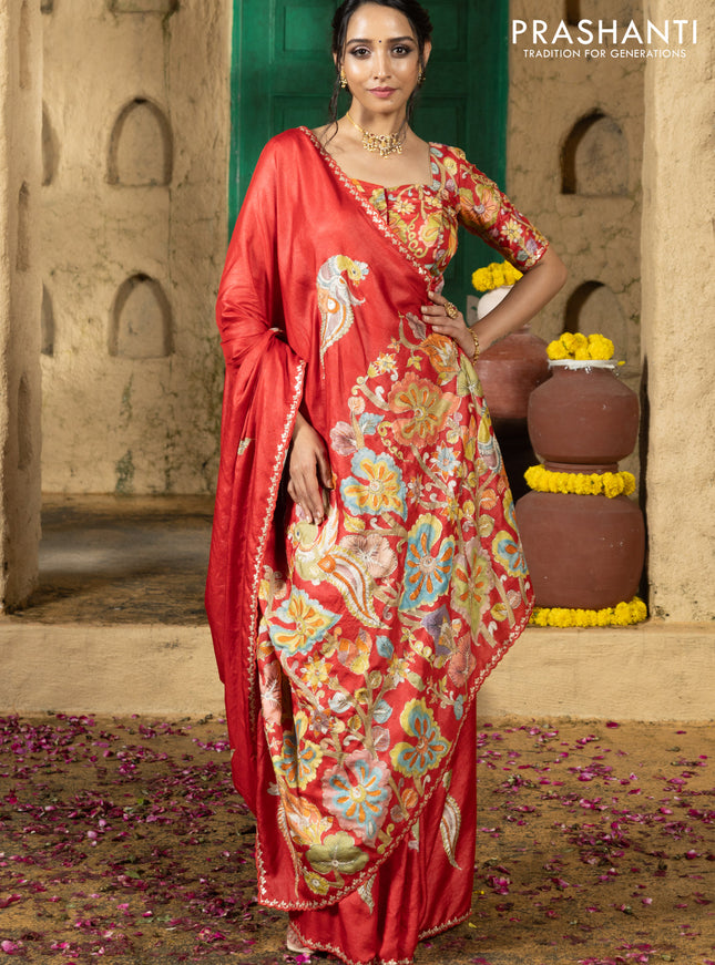 Tussar silk saree red with hand painted kalamkari prints & pita work and embroidery border