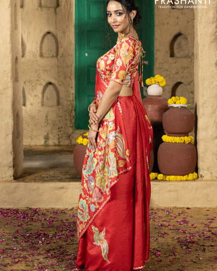 Tussar silk saree red with hand painted kalamkari prints & pita work and embroidery border