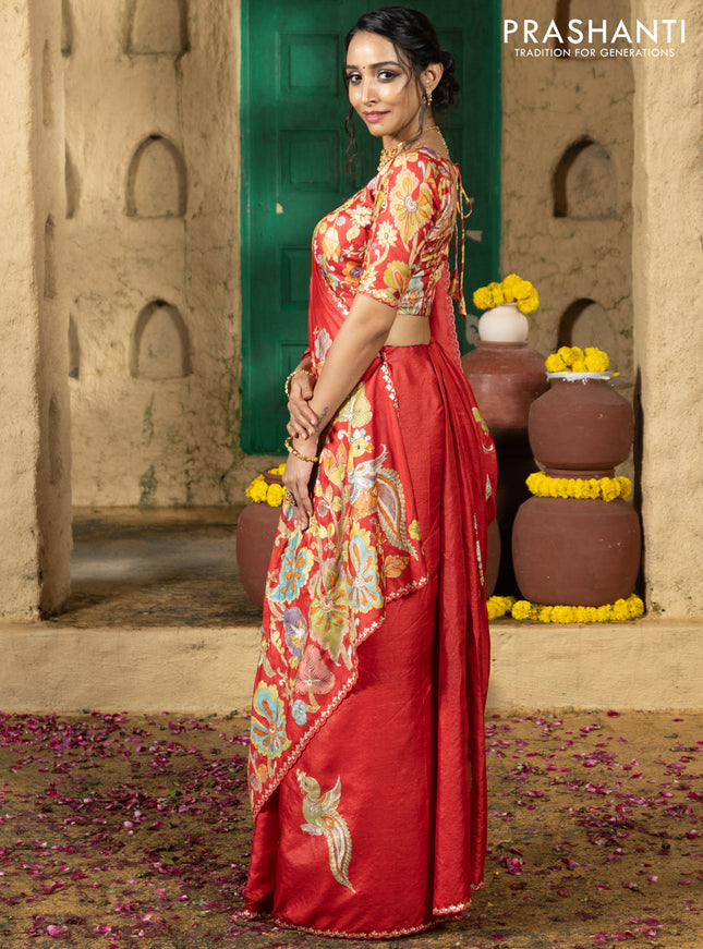 Tussar silk saree red with hand painted kalamkari prints & pita work and embroidery border