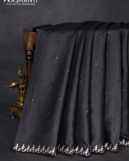 Tussar silk saree black with allover mirror work and placement style embroidery cut work pallu