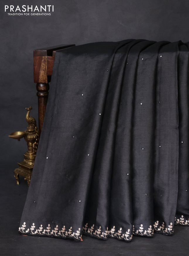 Tussar silk saree black with allover mirror work and placement style embroidery cut work pallu