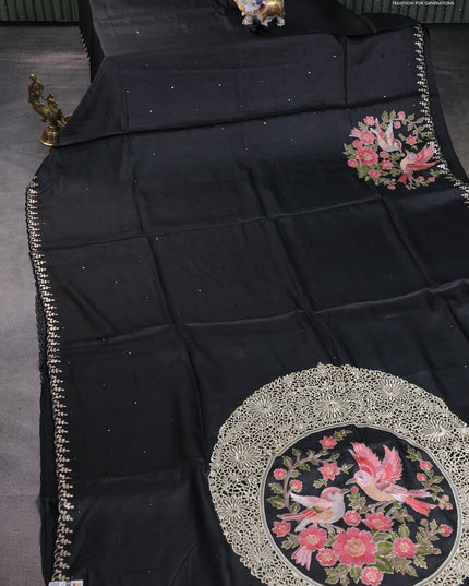 Tussar silk saree black with allover mirror work and placement style embroidery cut work pallu