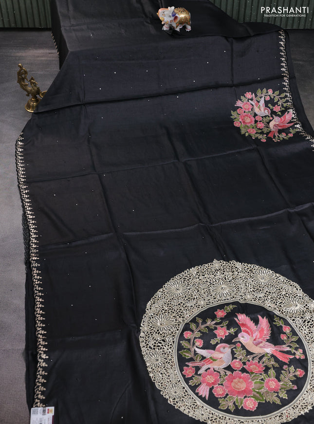 Tussar silk saree black with allover mirror work and placement style embroidery cut work pallu