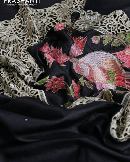 Tussar silk saree black with allover mirror work and placement style embroidery cut work pallu