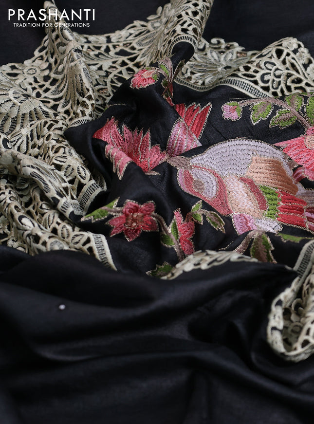 Tussar silk saree black with allover mirror work and placement style embroidery cut work pallu