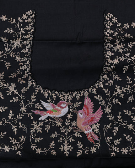 Tussar silk saree black with allover mirror work and placement style embroidery cut work pallu