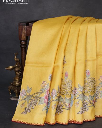 Tussar silk saree yellow with floral hand painted prints & pita work and embroidery border