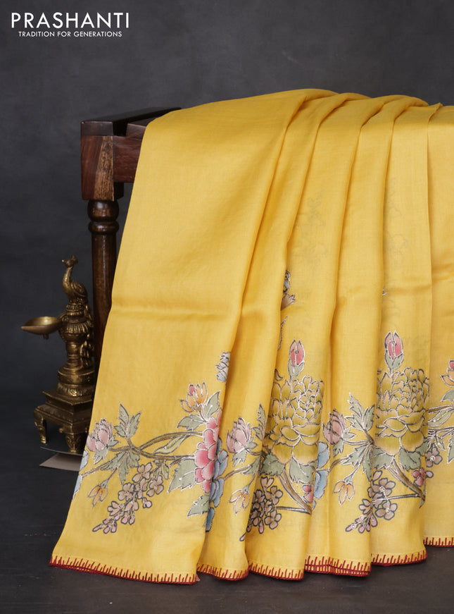 Tussar silk saree yellow with floral hand painted prints & pita work and embroidery border