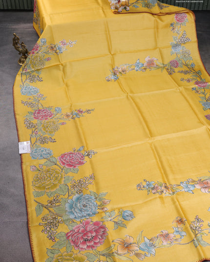Tussar silk saree yellow with floral hand painted prints & pita work and embroidery border
