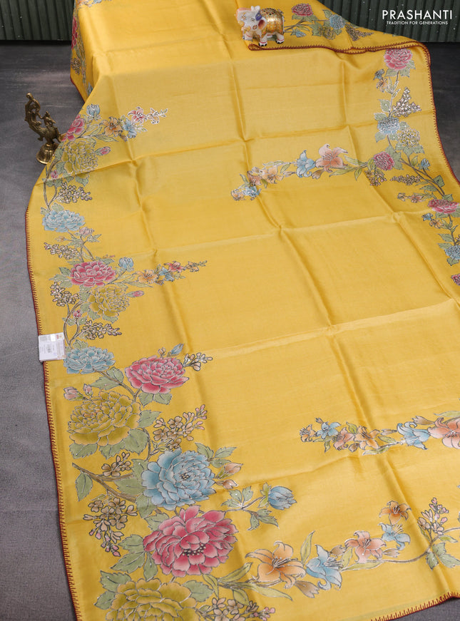 Tussar silk saree yellow with floral hand painted prints & pita work and embroidery border