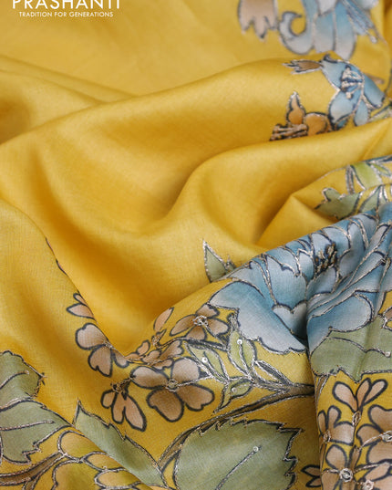 Tussar silk saree yellow with floral hand painted prints & pita work and embroidery border