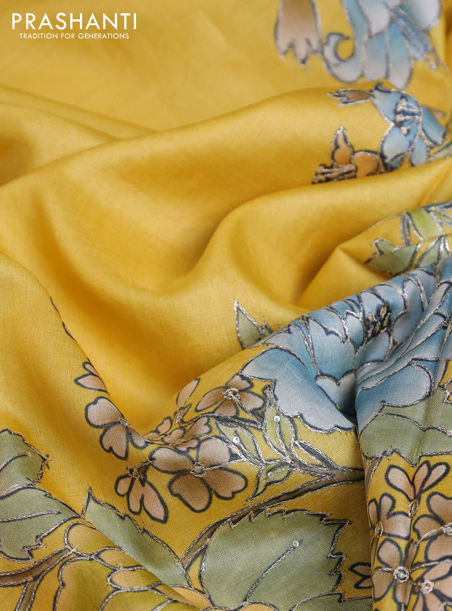 Tussar silk saree yellow with floral hand painted prints & pita work and embroidery border