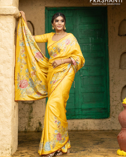 Tussar silk saree yellow with floral hand painted prints & pita work and embroidery border