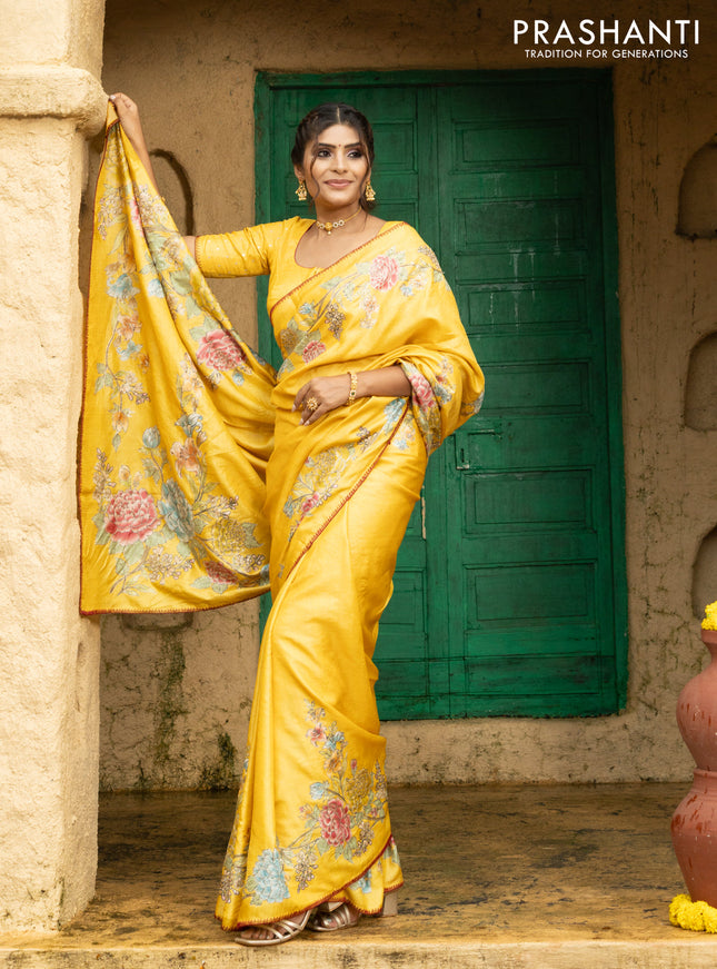 Tussar silk saree yellow with floral hand painted prints & pita work and embroidery border