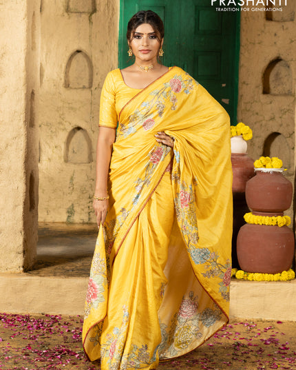 Tussar silk saree yellow with floral hand painted prints & pita work and embroidery border