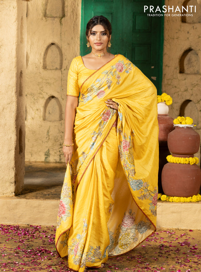 Tussar silk saree yellow with floral hand painted prints & pita work and embroidery border