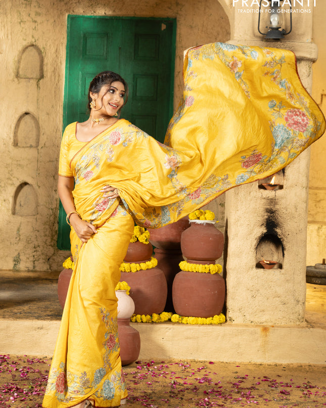 Tussar silk saree yellow with floral hand painted prints & pita work and embroidery border
