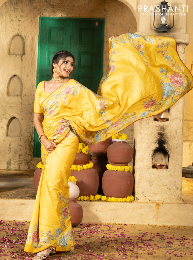 Tussar silk saree yellow with floral hand painted prints & pita work and embroidery border