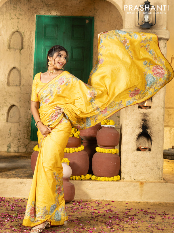 Tussar silk saree yellow with floral hand painted prints & pita work and embroidery border