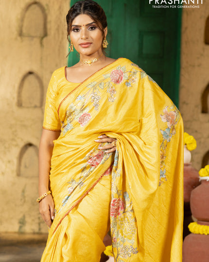Tussar silk saree yellow with floral hand painted prints & pita work and embroidery border