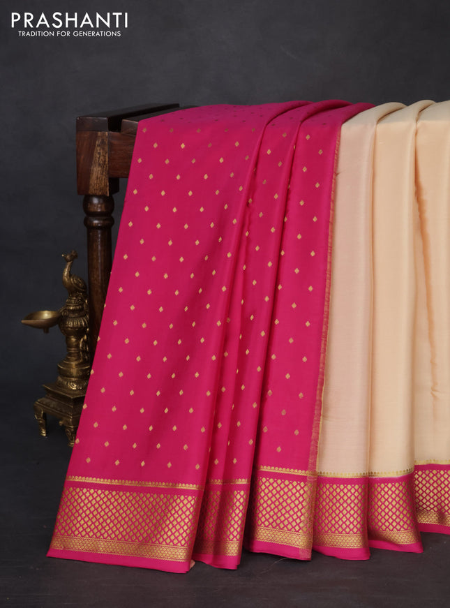 Pure mysore partly silk saree beige and pink with plain body and zari woven border