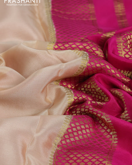 Pure mysore partly silk saree beige and pink with plain body and zari woven border