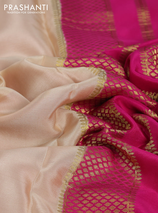 Pure mysore partly silk saree beige and pink with plain body and zari woven border