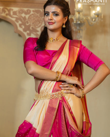 Pure mysore partly silk saree beige and pink with plain body and zari woven border